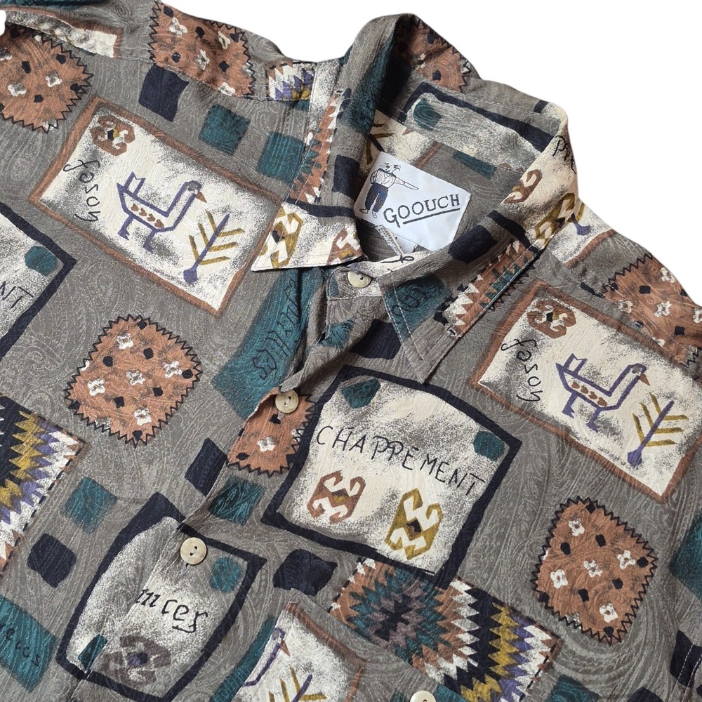 VTG Goouch Men's M 100% Silk Button Up Shirt Abstract Aztec‎ Tribal